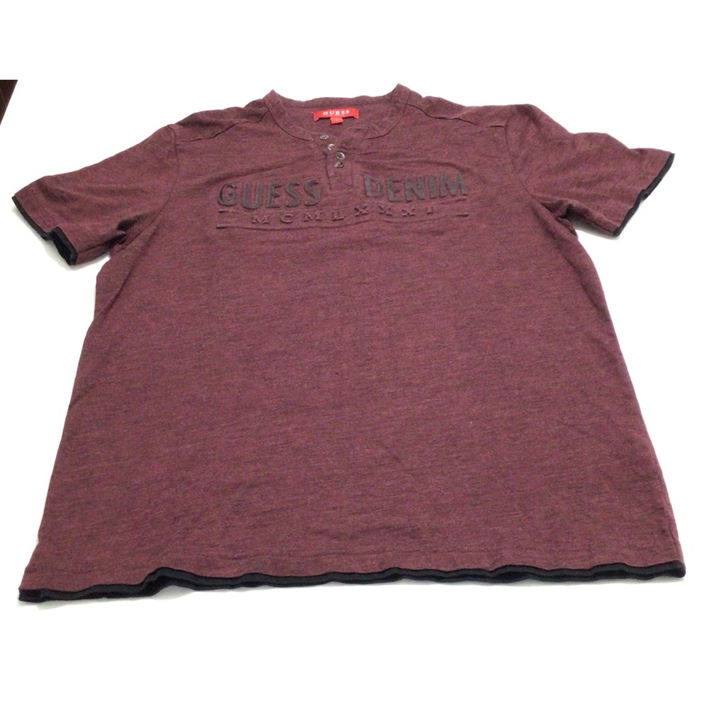 GUESS Los Angeles Mens Burgundy Henley Shirt Short Sleeve Embossed Logo Large